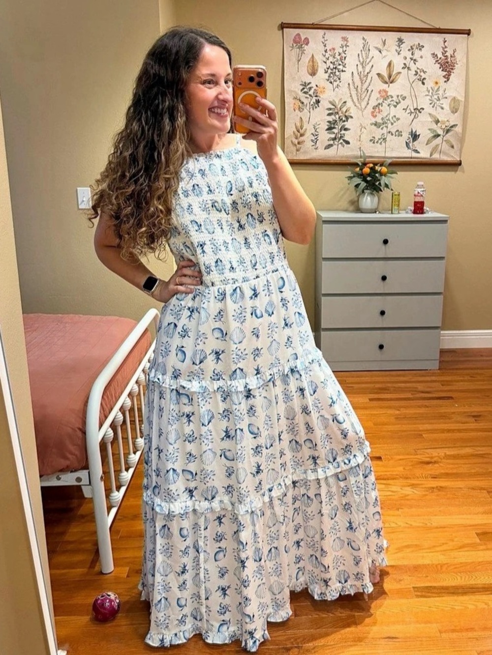 ANN TAYLOR Floral Tiered Maxi Dress in White & Blue Size Large Sea shells